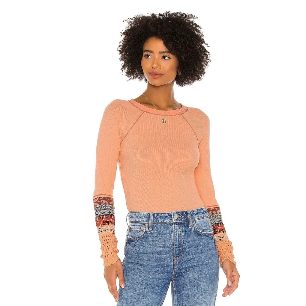 Free People In The Mix Jacquard Cuff Top In Desert Orange